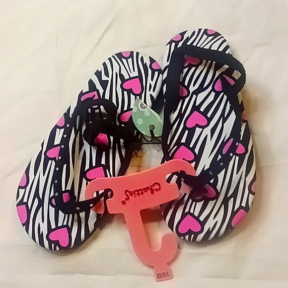 CHATTIES GIRLS BLACK PINK HEART ZEBRA RHINESTONE FLIP FLOPS 11/12 - Picture 2 of 4
